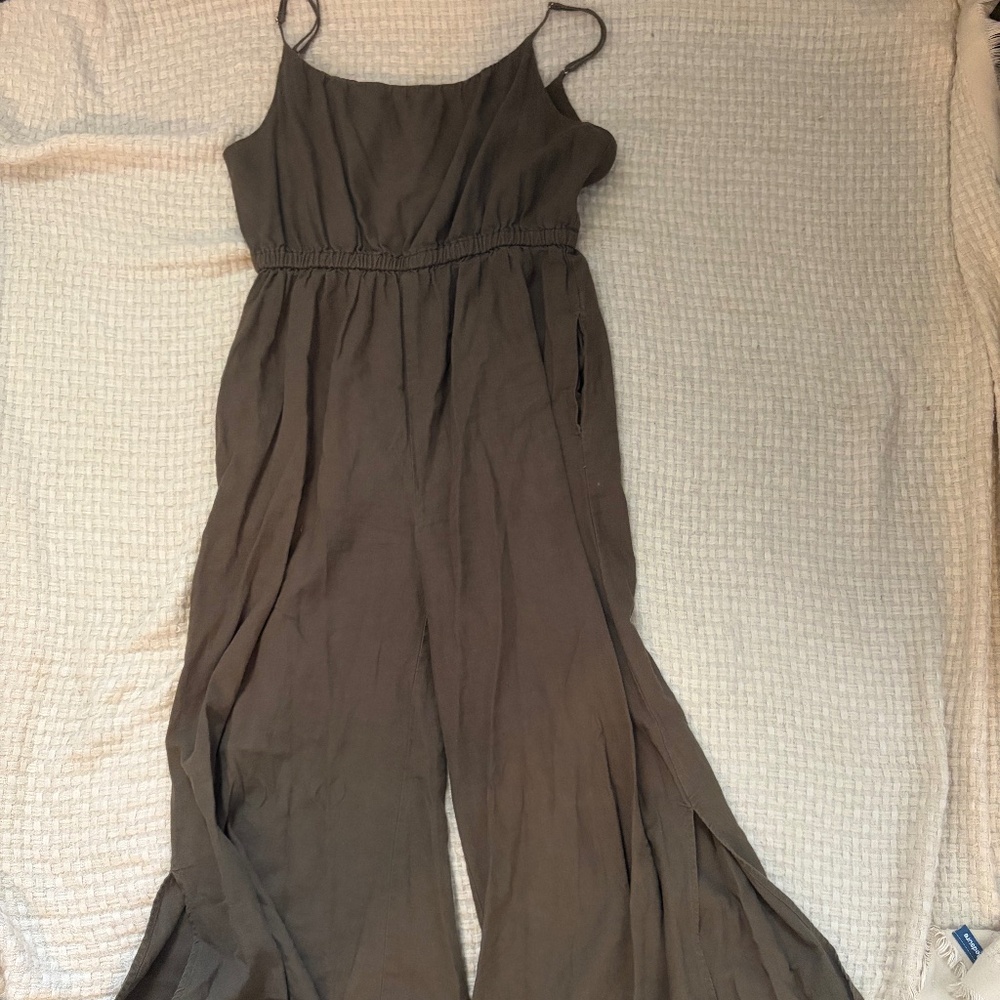 green slitted spaghetti-strap jumpsuit